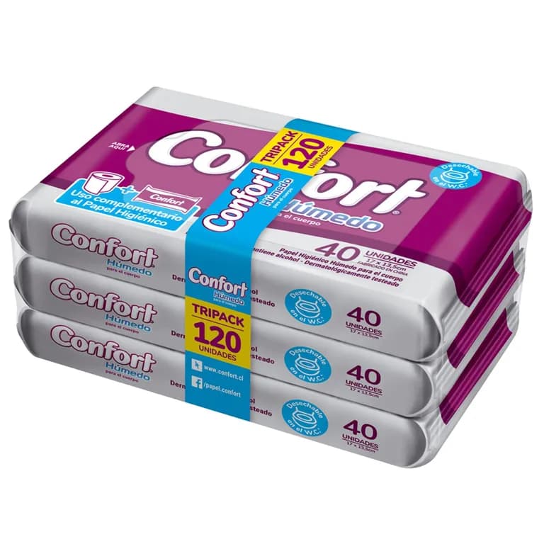 Papel Higiénico Húmedo Confort 3 Paquetes de 40 un.