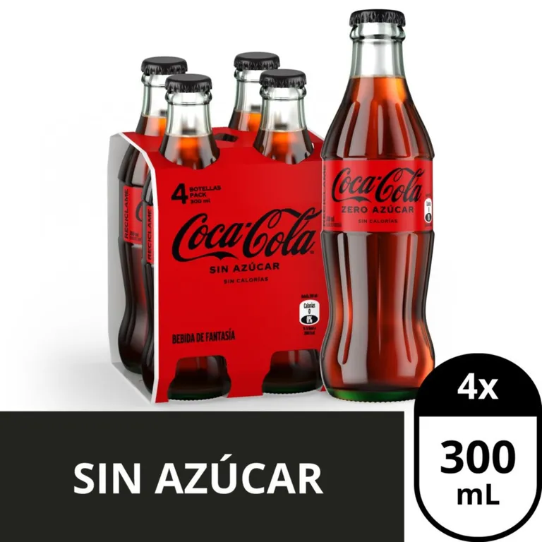 Pack Bebida Coca Cola Zero Botella Vidrio 4 x 300 ml - imagen 1